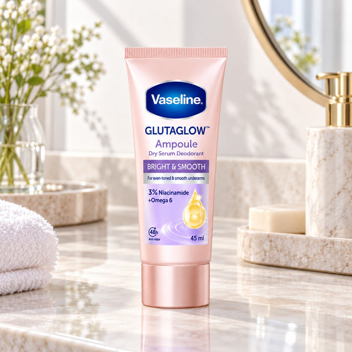 Vaseline GlutaGlow Bright and Smooth dry serum deodorant in bathroom setting