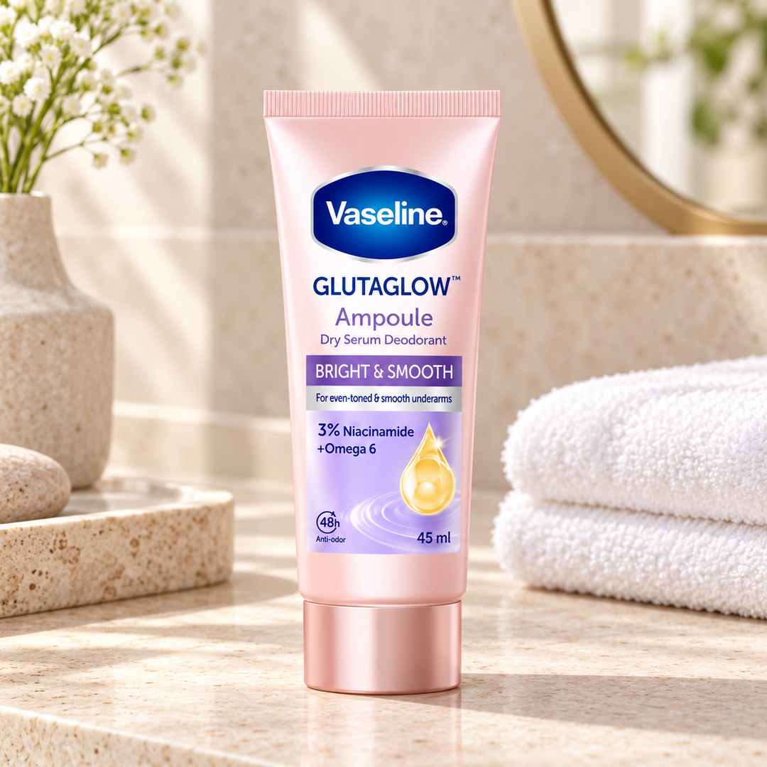 Vaseline GlutaGlow Bright and Smooth dry serum deodorant in spa setting
