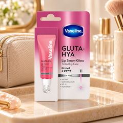 Vaseline Gluta-Hya Lip Serum Gloss Rosy Pink on a vanity tray