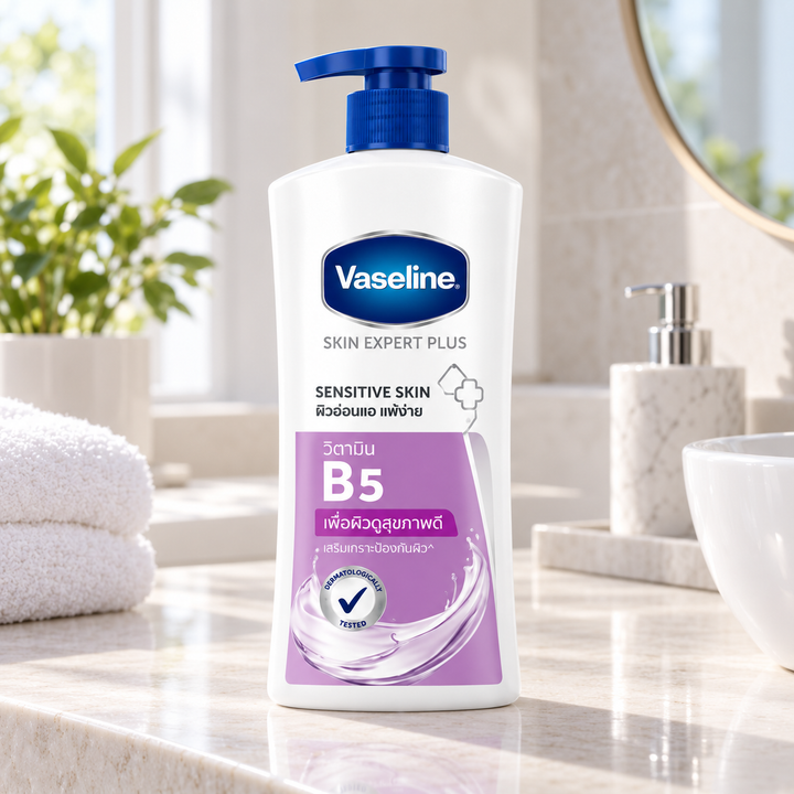 Vaseline Sensitive Skin B5 body wash in bathroom setting
