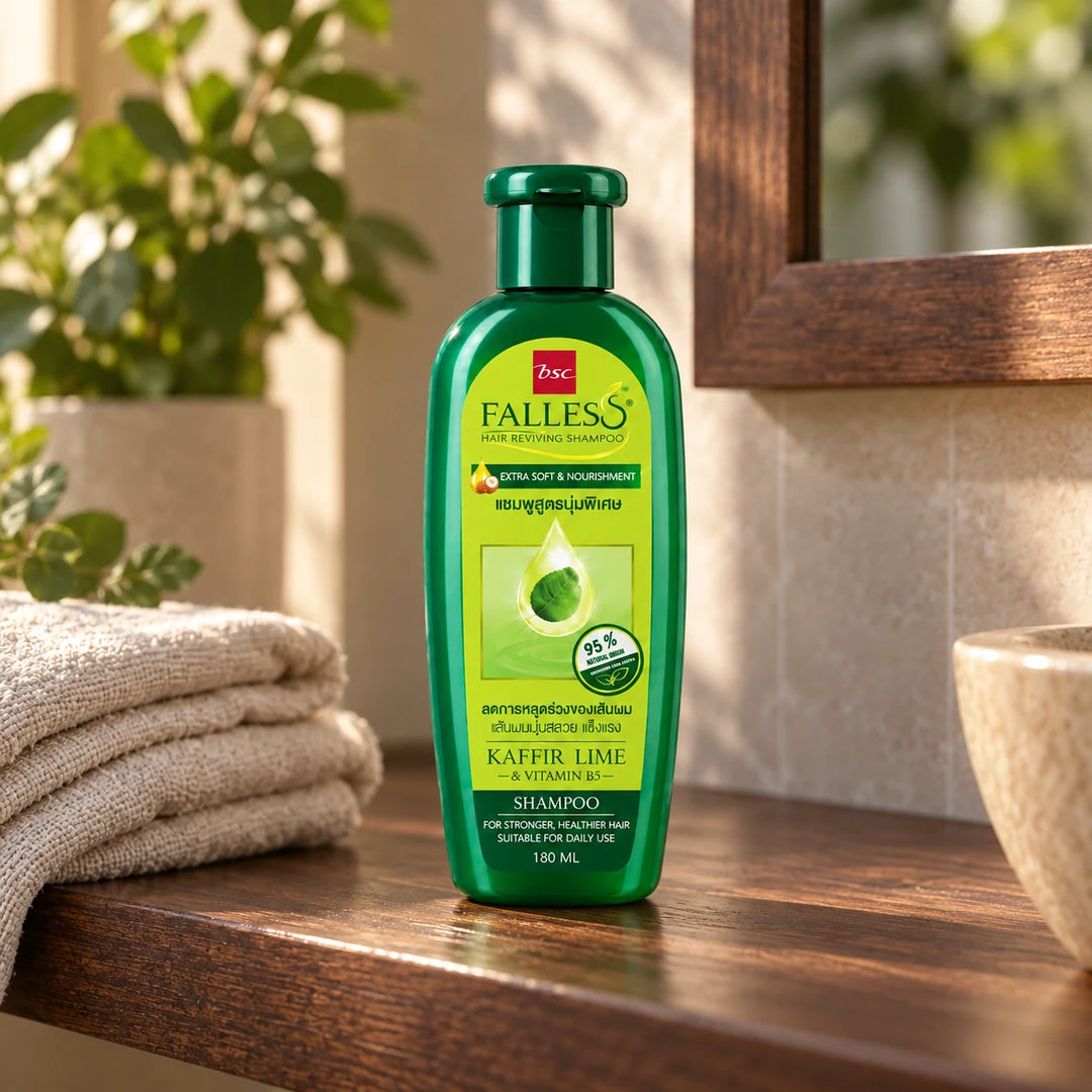 BSC FALLES Hair Reviving Shampoo Extra Soft & Nourishment — product lifestyle photograph