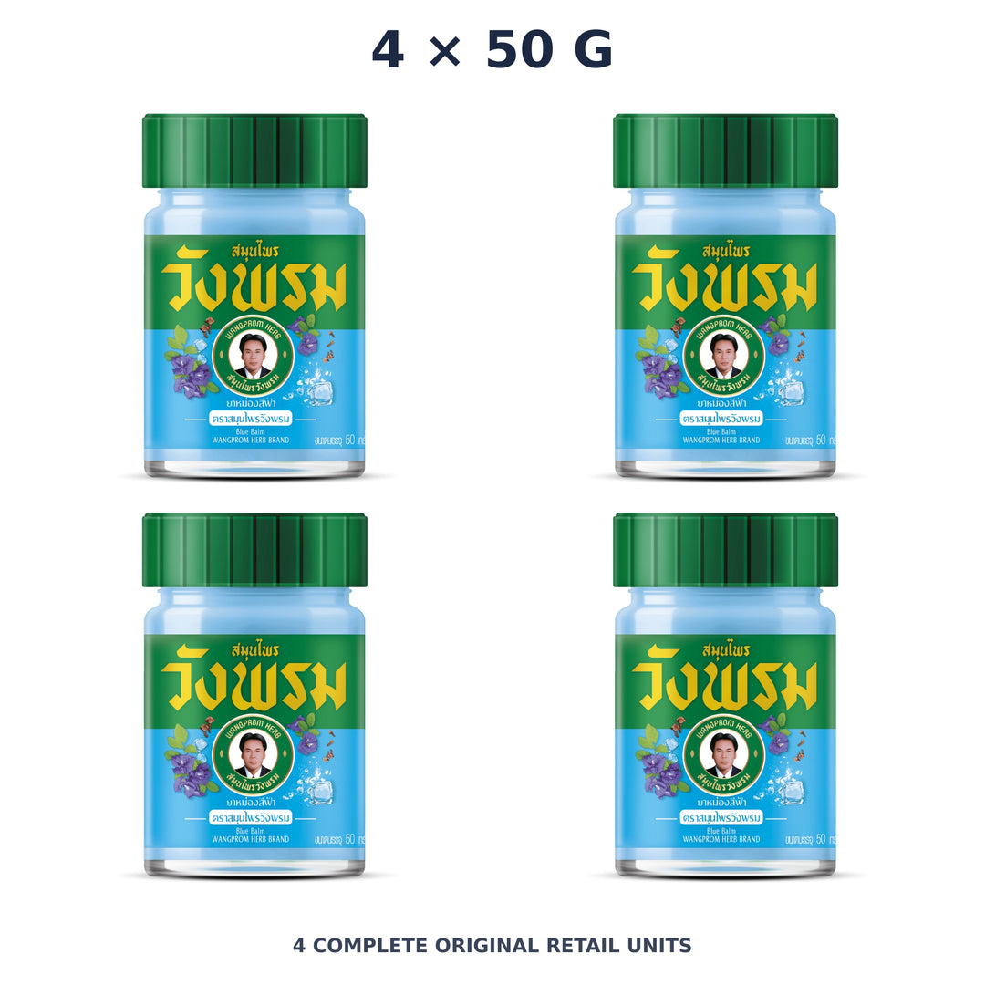 Wang Prom Blue Balm 50 g — 4 Jars — exact supplied quantity on white