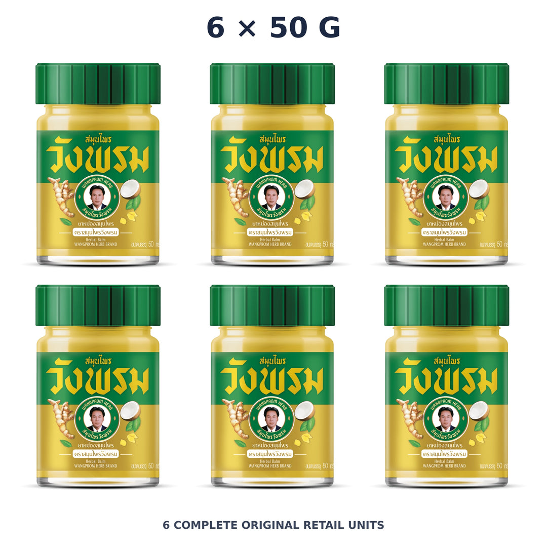 Wang Prom Gold Balm (Hot Formula) 50 g — 6 Jars — exact supplied quantity on white