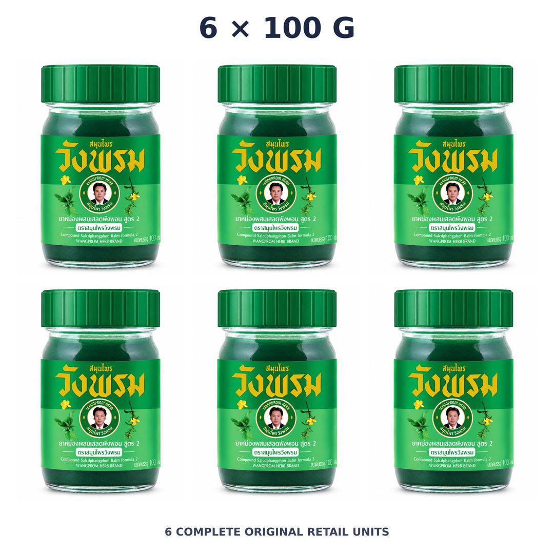 Wang Prom Green Saledphangphon Balm Formula 2 100 g — 6 Jars — exact supplied quantity on white