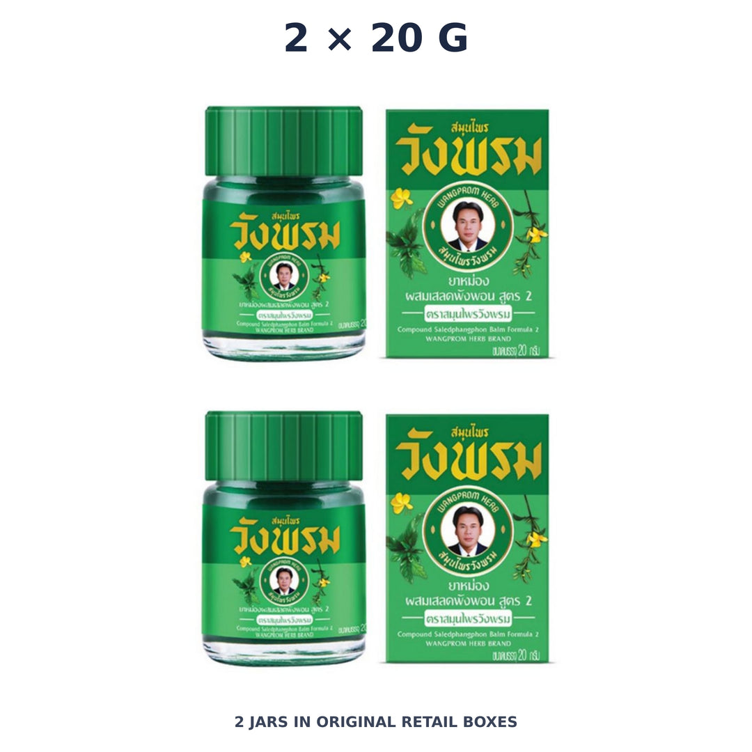 Wang Prom Green Saledphangphon Balm Formula 2 20 g — 2 Jars — exact supplied quantity on white