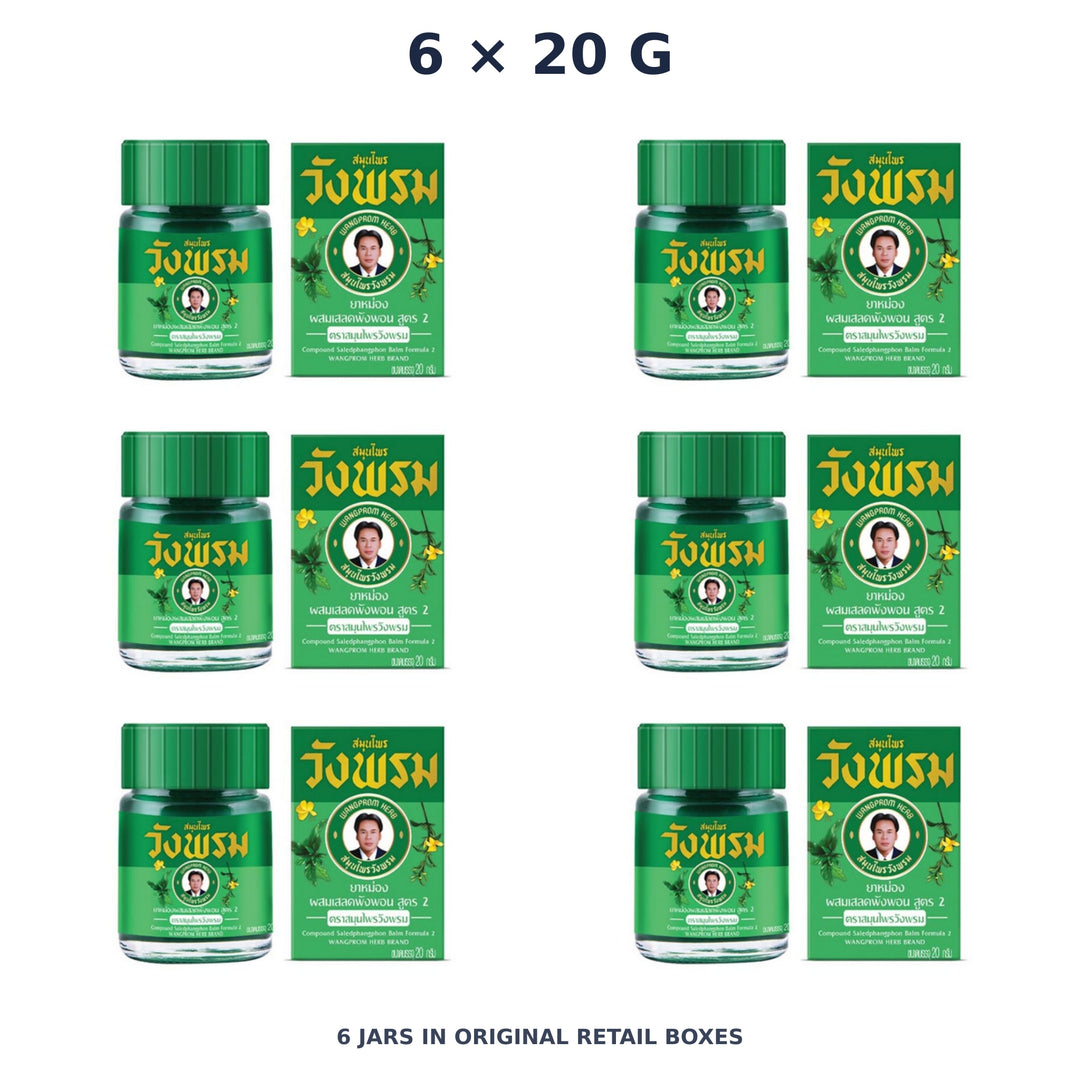 Wang Prom Green Saledphangphon Balm Formula 2 20 g — 6 Jars — exact supplied quantity on white