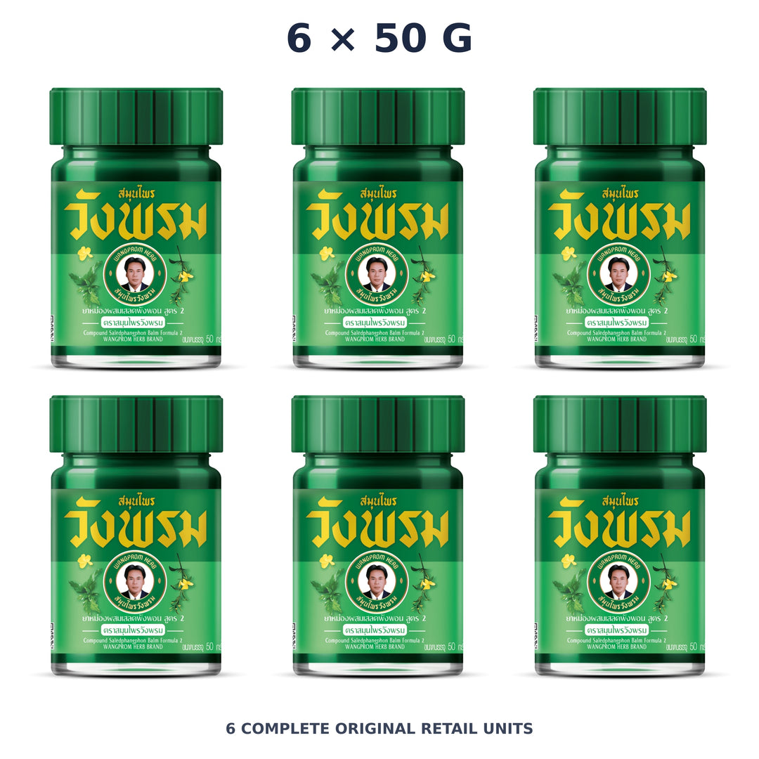 Wang Prom Green Saledphangphon Balm Formula 2 50 g — 6 Jars — exact supplied quantity on white