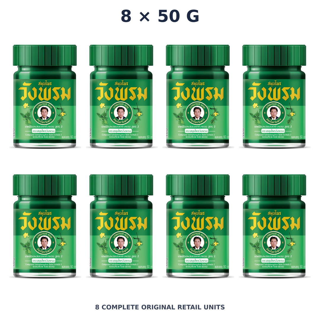 Wang Prom Green Saledphangphon Balm Formula 2 50 g — 8 Jars — exact supplied quantity on white