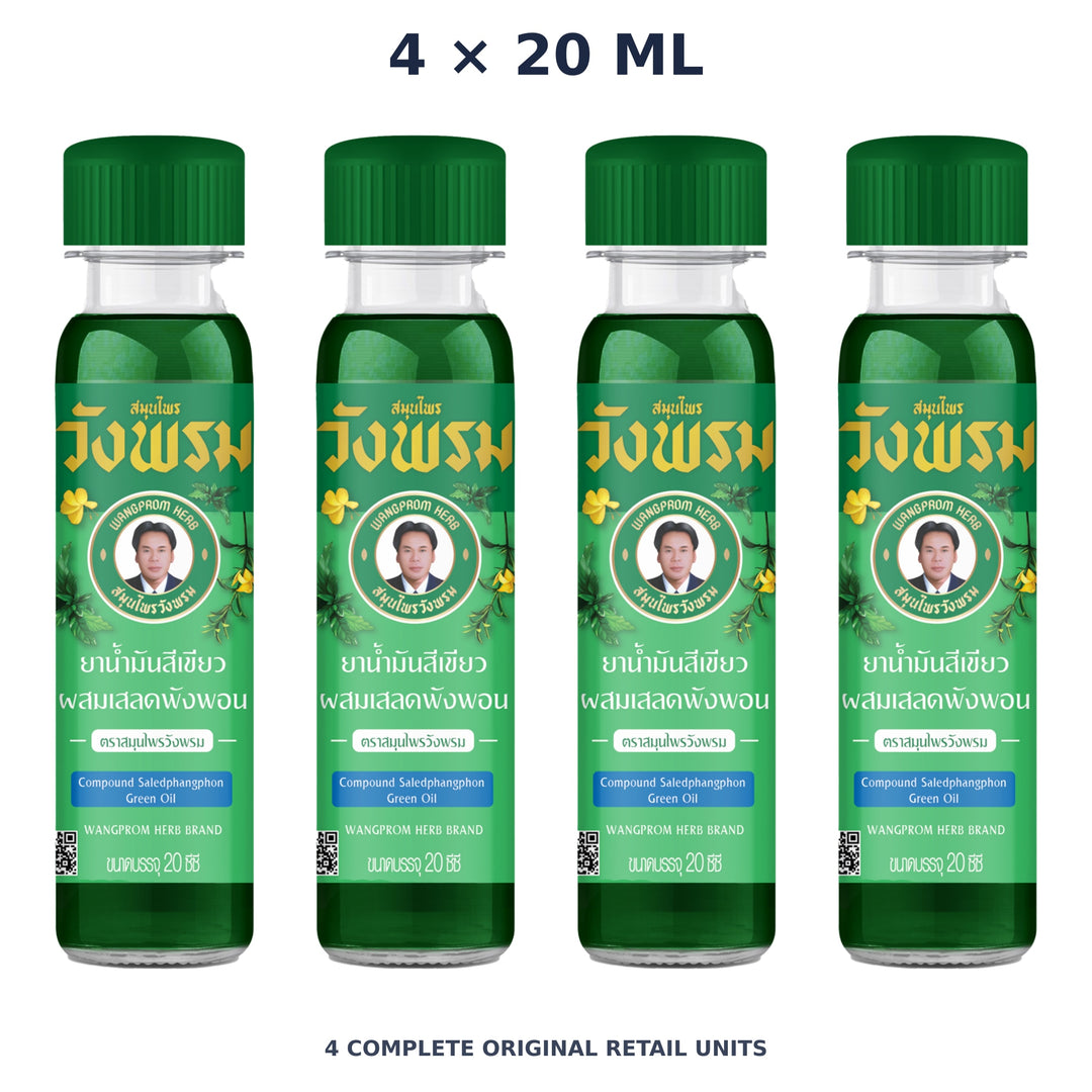 Wang Prom Green Saledphangphon Oil (Cool) 20 ml — 4 Bottles — exact supplied quantity on white