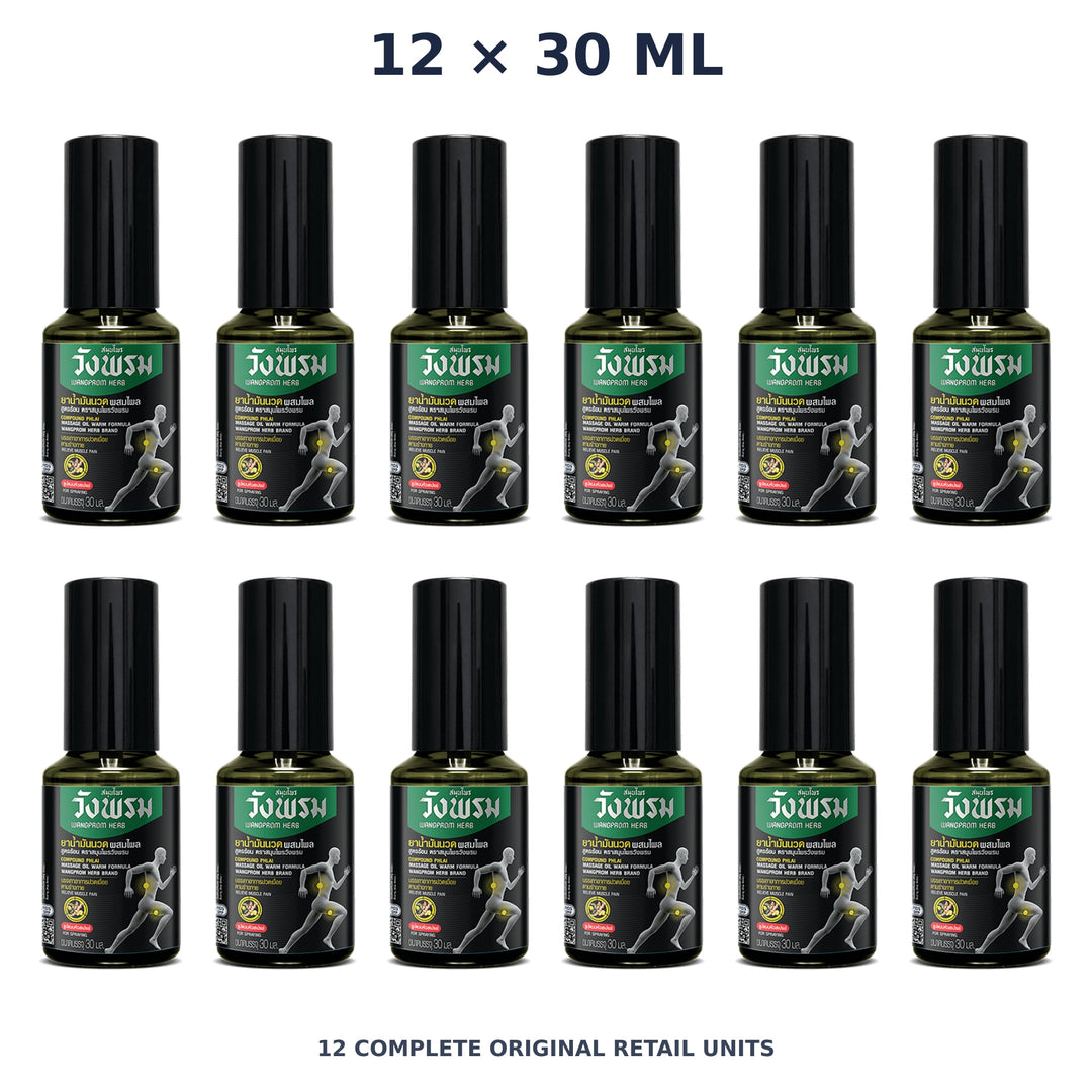 Wang Prom Compound Phlai Massage Oil Spray (Warm) 30 ml — 12 Bottles — exact supplied quantity on white