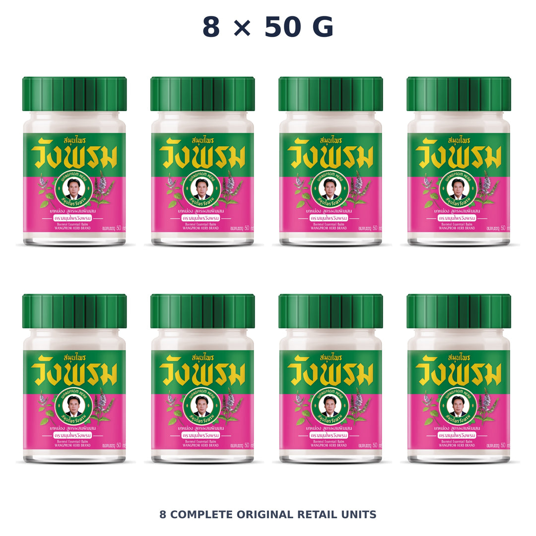Wang Prom Pink Borneol Balm (Bua Ban) 50 g — 8 Jars — exact supplied quantity on white