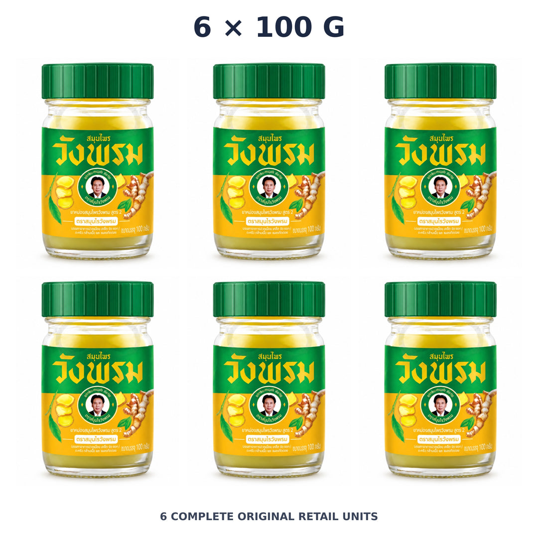 Wang Prom Yellow Phlai Balm Formula 2 100 g — 6 Jars — exact supplied quantity on white