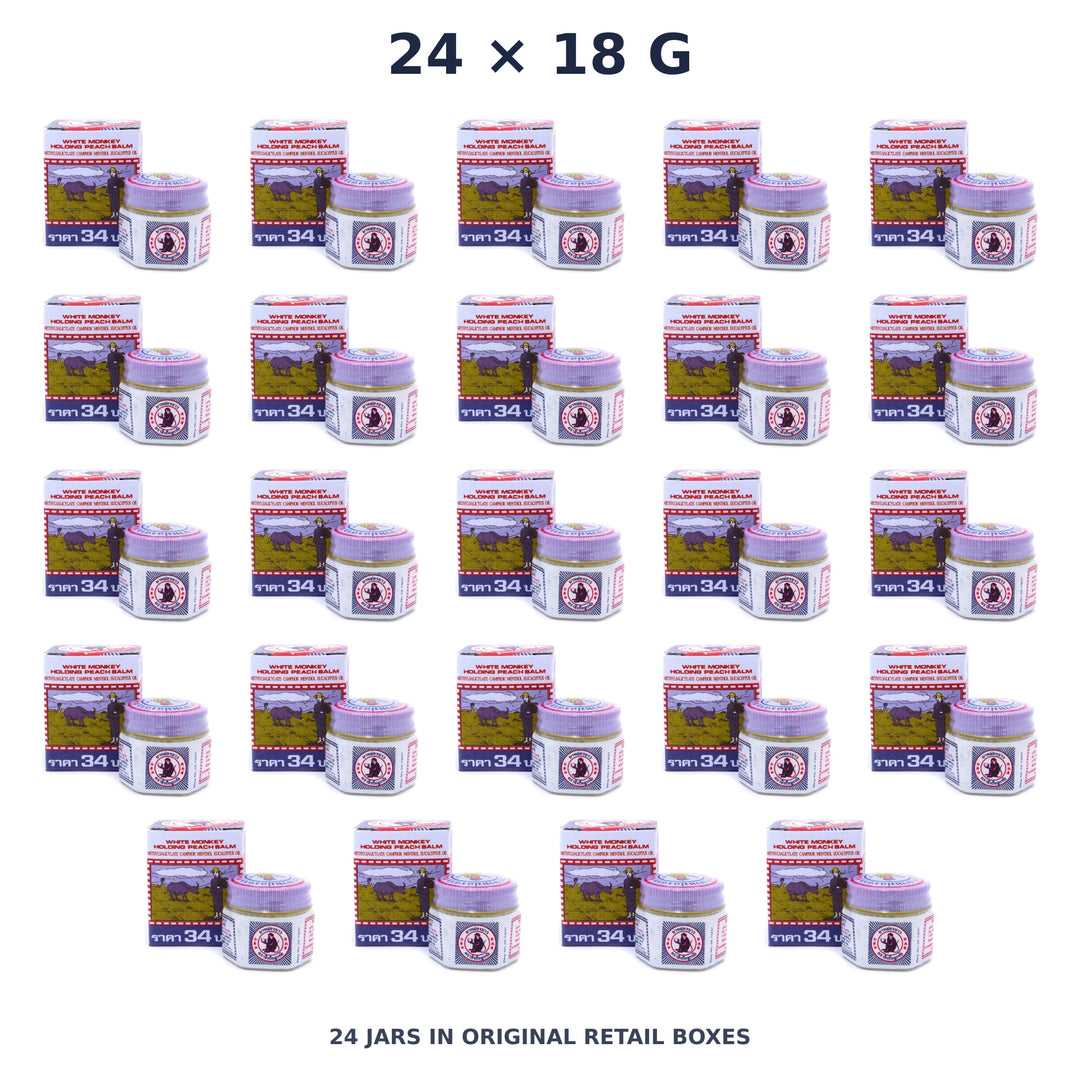 White Monkey Holding Peach Balm 18 g — 24 Jars — exact supplied quantity on white