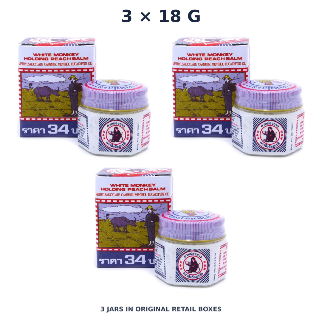 White Monkey Holding Peach Balm 18 g — 3 Jars — exact supplied quantity on white