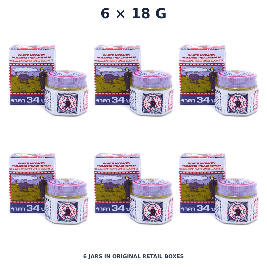 White Monkey Holding Peach Balm 18 g — 6 Jars — exact supplied quantity on white