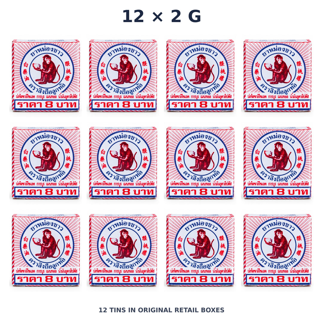 White Monkey Holding Peach Balm 2 g — 12 Tins — exact supplied quantity on white