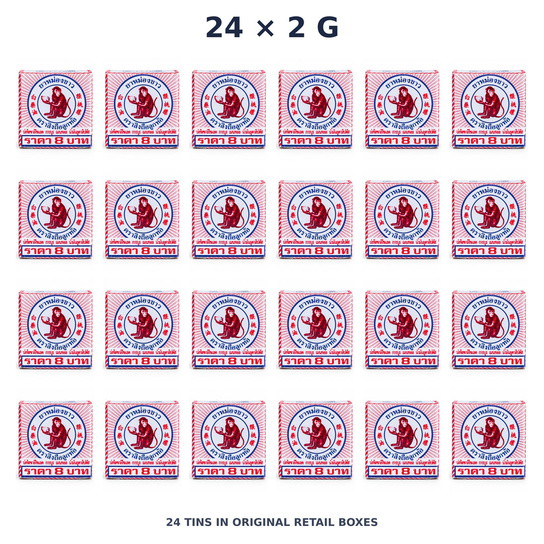 White Monkey Holding Peach Balm 2 g — 24 Tins — exact supplied quantity on white