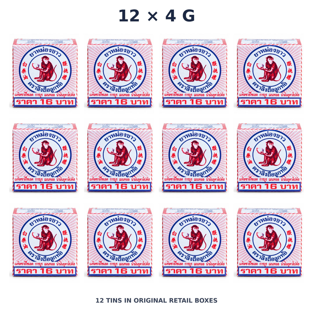 White Monkey Holding Peach Balm 4 g — 12 Tins — exact supplied quantity on white