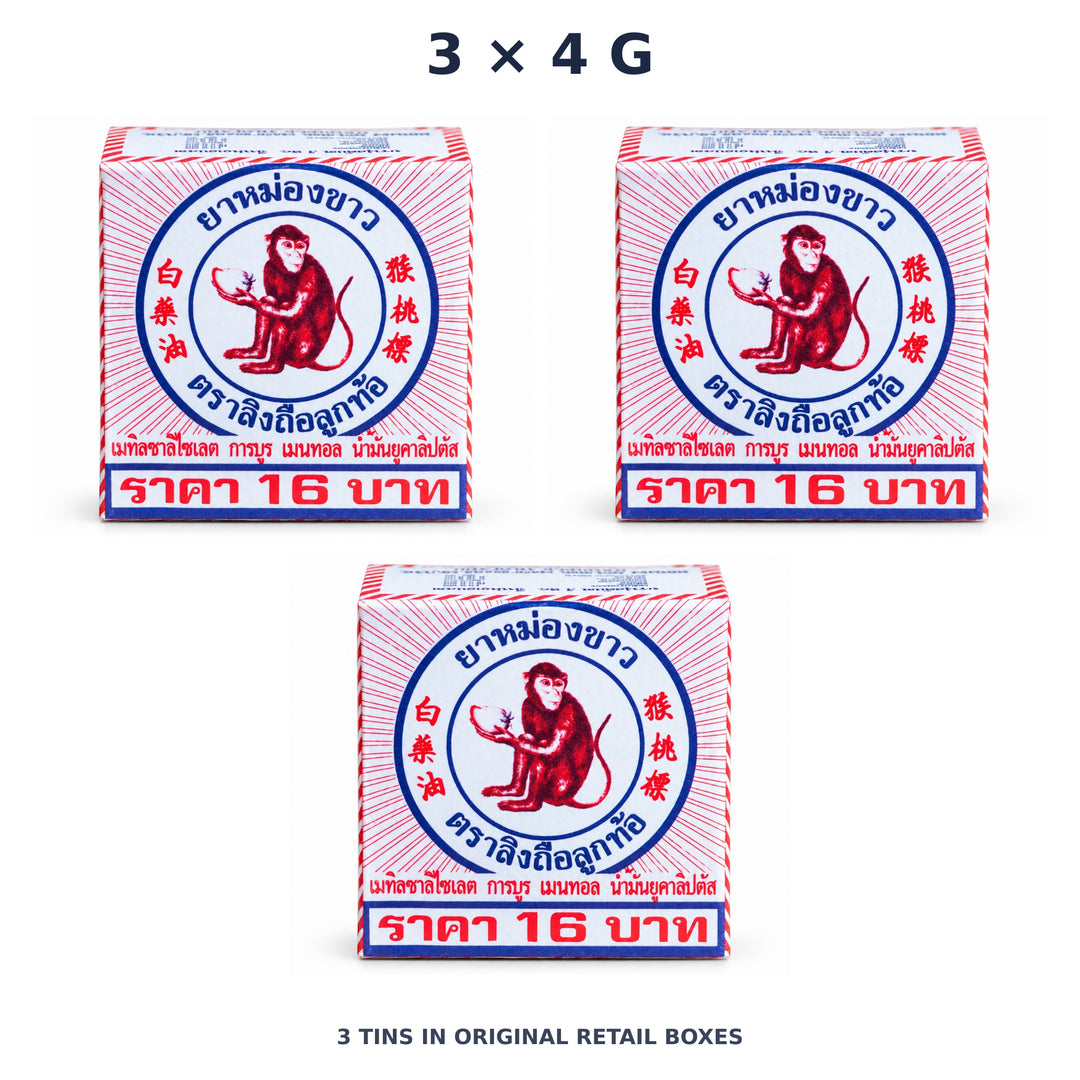 White Monkey Holding Peach Balm 4 g — 3 Tins — exact supplied quantity on white