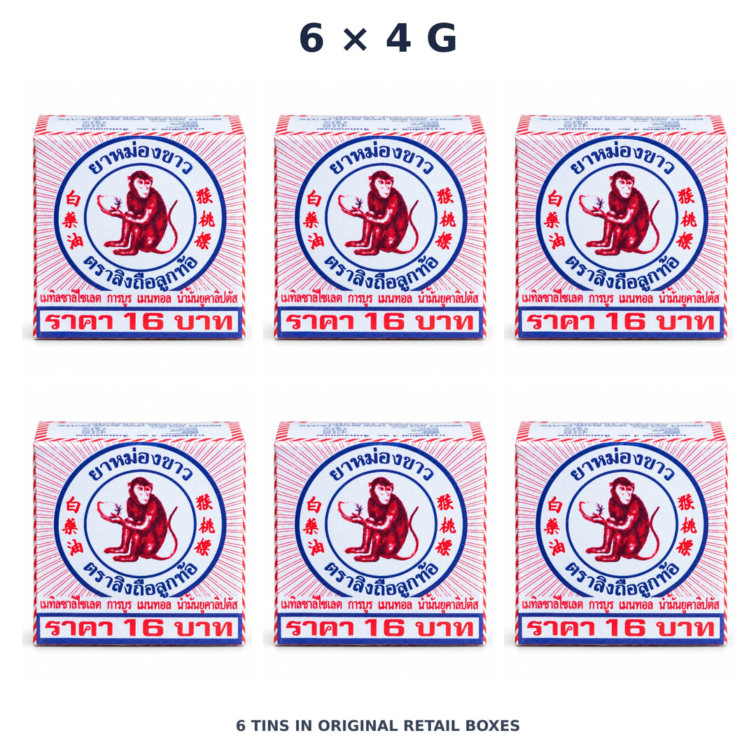 White Monkey Holding Peach Balm 4 g — 6 Tins — exact supplied quantity on white