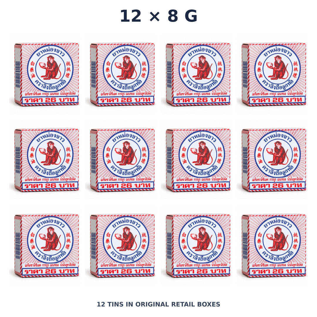 White Monkey Holding Peach Balm 8 g — 12 Tins — exact supplied quantity on white