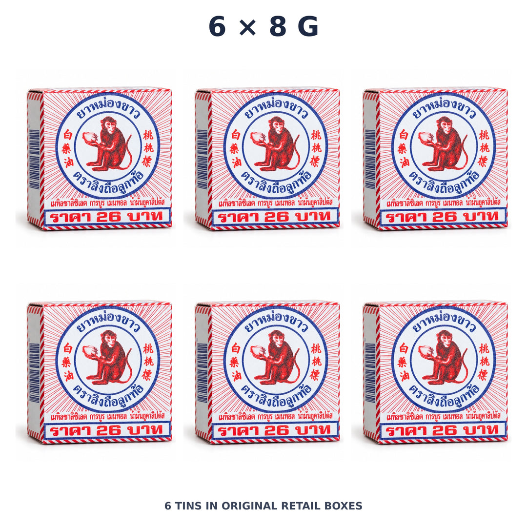 White Monkey Holding Peach Balm 8 g — 6 Tins — exact supplied quantity on white