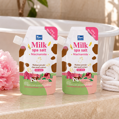 Two Yoko Milk Spa Salt Niacinamide scrub pouches with salt, walnuts and oats